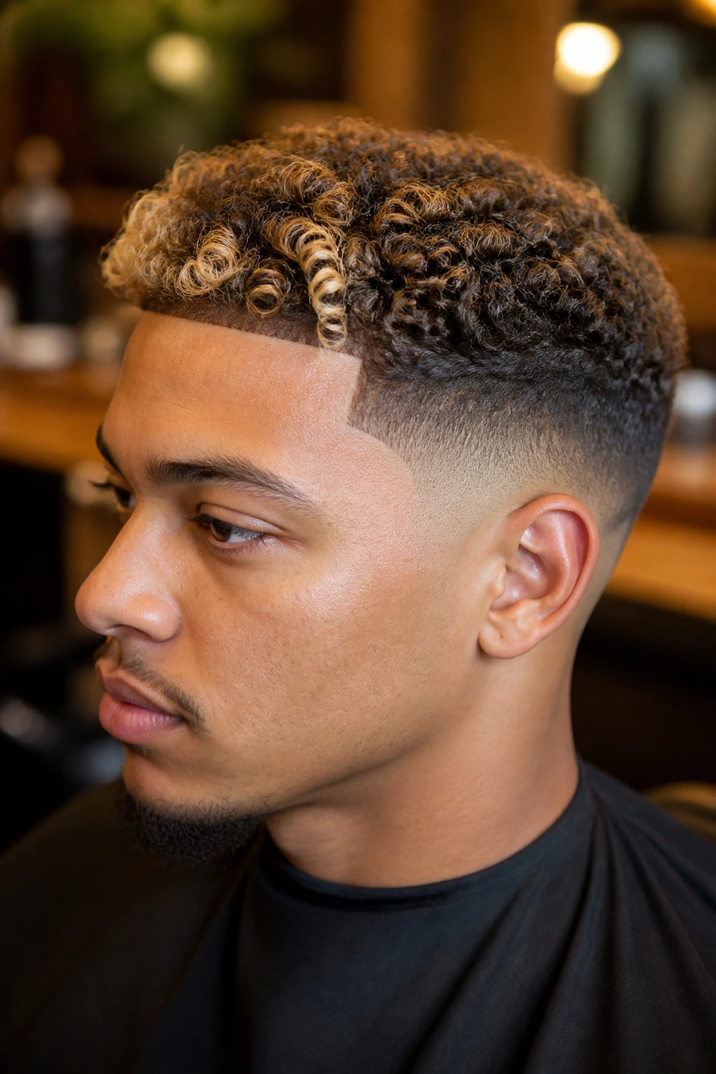 Close-up portrait of a man with temple fade and bright front curls in warm barbershop lighting