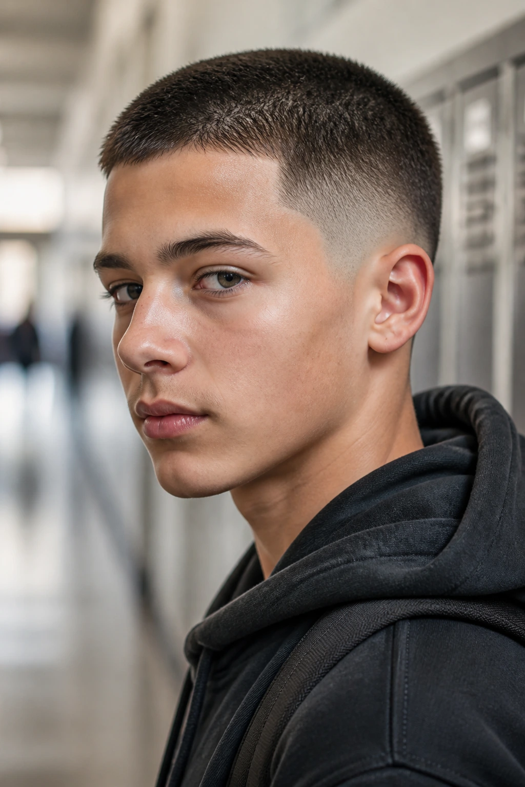 Teen with temple fade buzz hairstyle in school hallway