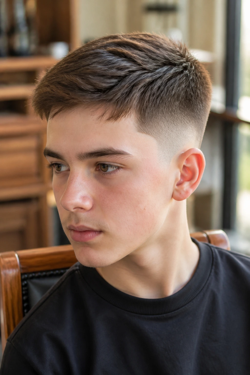 Close-up portrait of a boy with temple fade crew cut showing low temple fade and textured top