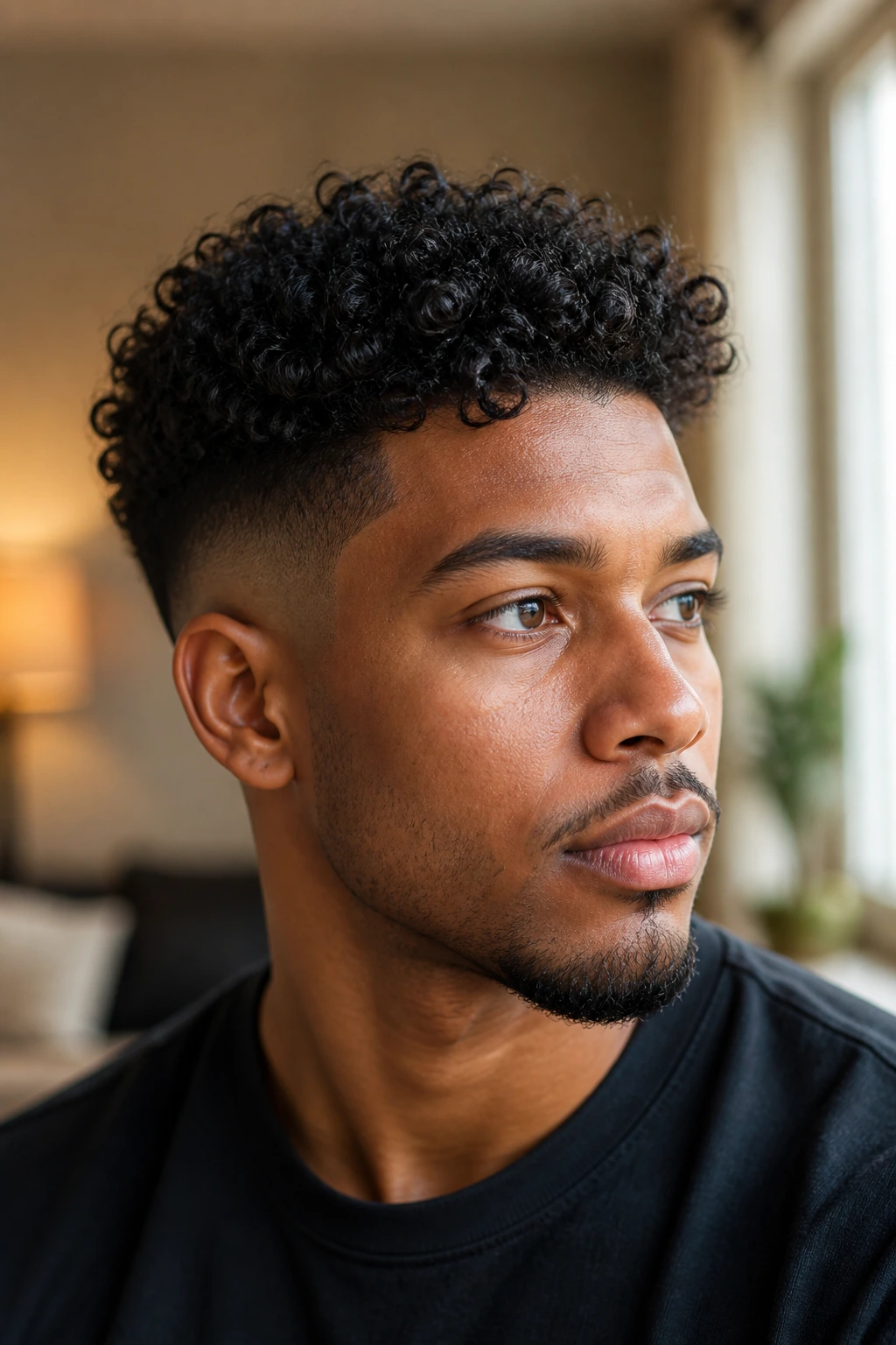 Close-up portrait of a real person with temple fade and crown curls, crisp sides and crown curls visible.