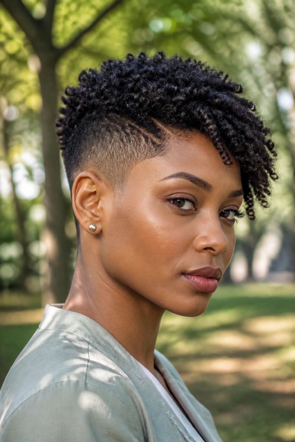 Close-up of a real Black person with temple fade and coil top in natural light