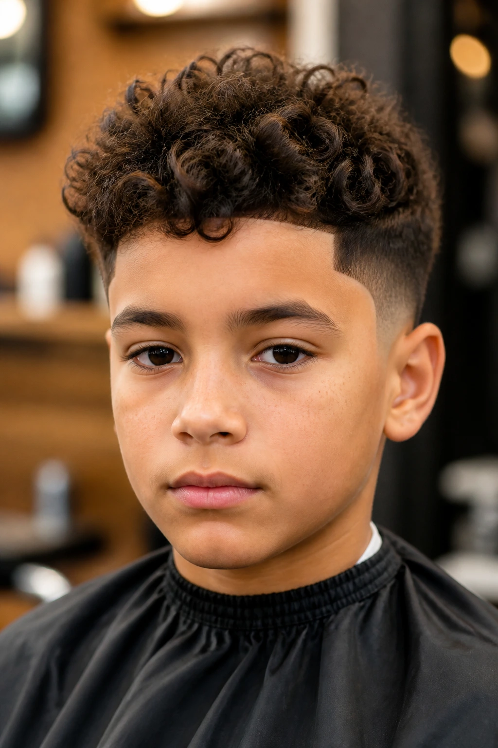 Close-up of preteen boy with temple fade and loose curls in barbershop.