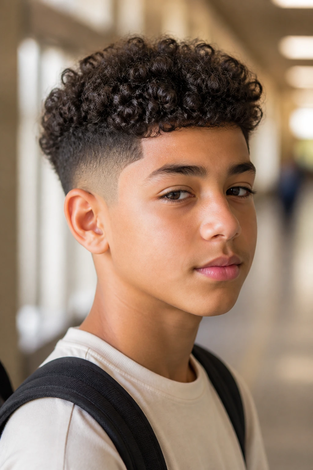Portrait of a boy with temple fade and curls, clean outline