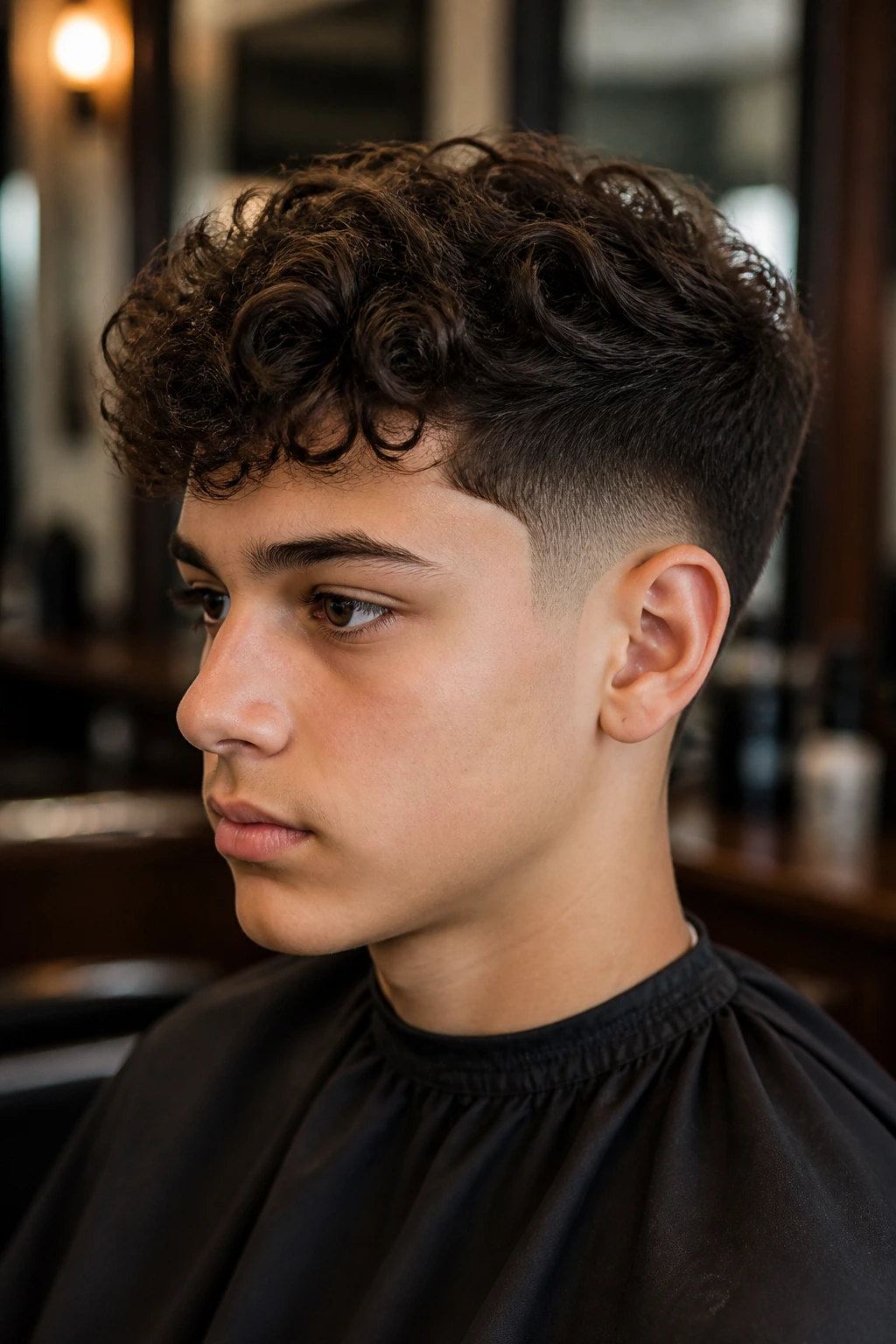Close-up of a real boy with temple fade and curly top in barber chair