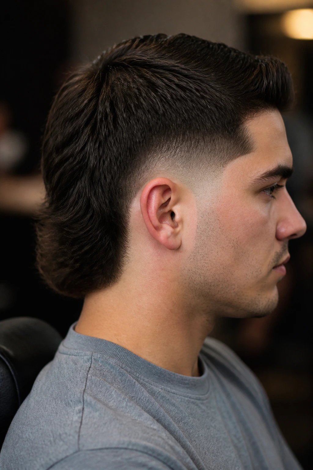 Person with temple fade and neat mullet spine