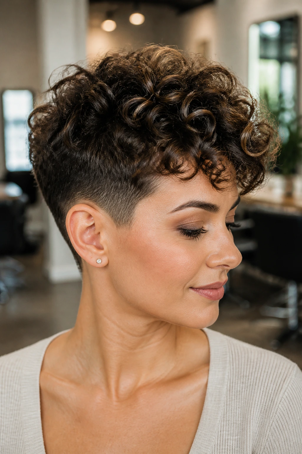 Portrait of woman with temple fade and airy crown curls in a soft-lit salon.