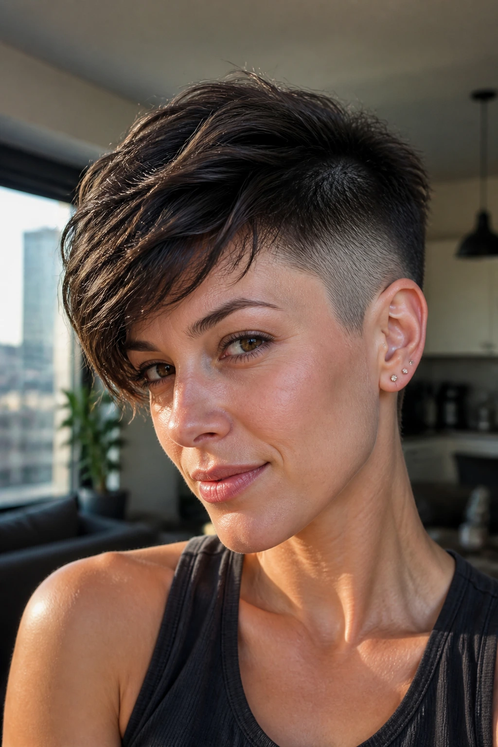 Close-up portrait of a real woman showing temple-fade pixie with long top in natural lighting