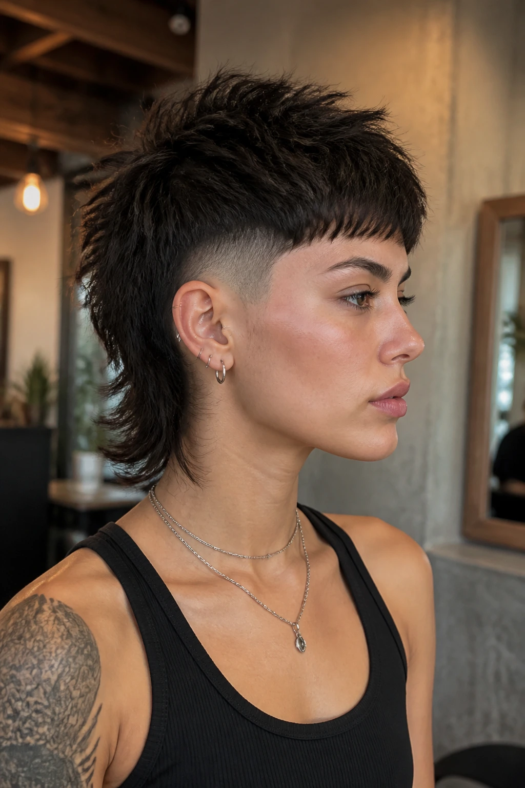 Portrait of temple fade pixie mullet with shaggy crown on a real person