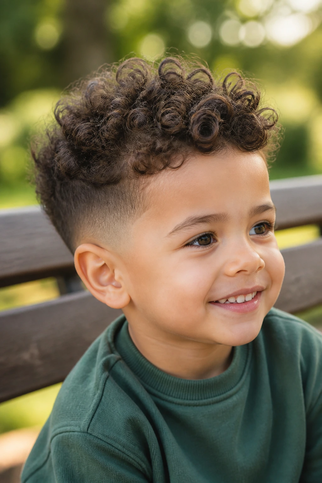 Close-up portrait of a real toddler boy with temple fade curly pixie outdoors in daylight