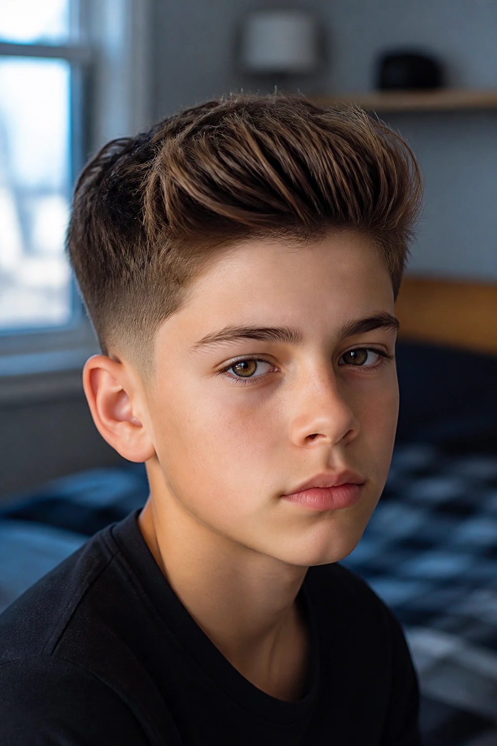 Close-up of a real boy with temple fade quiff hairstyle in window-lit bedroom