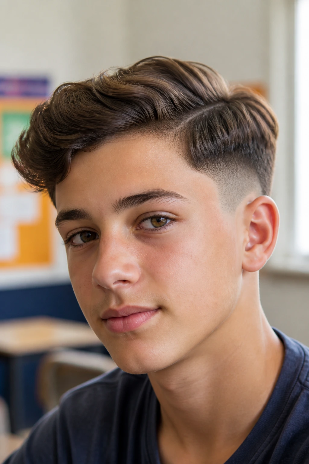 Close-up of a boy showing temple fade with a soft side part