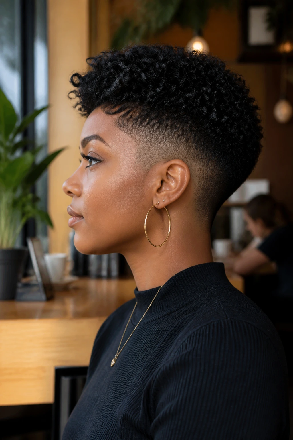 Side-profile of a Black woman with temple-fade two-block crop