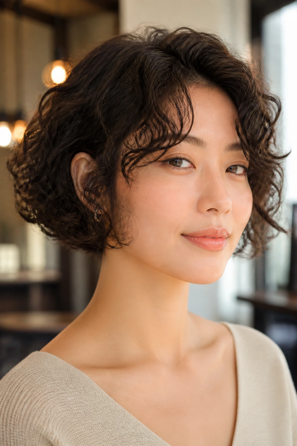 Close-up portrait of a real woman with temple-framed bob and tapered sides, curls at temples