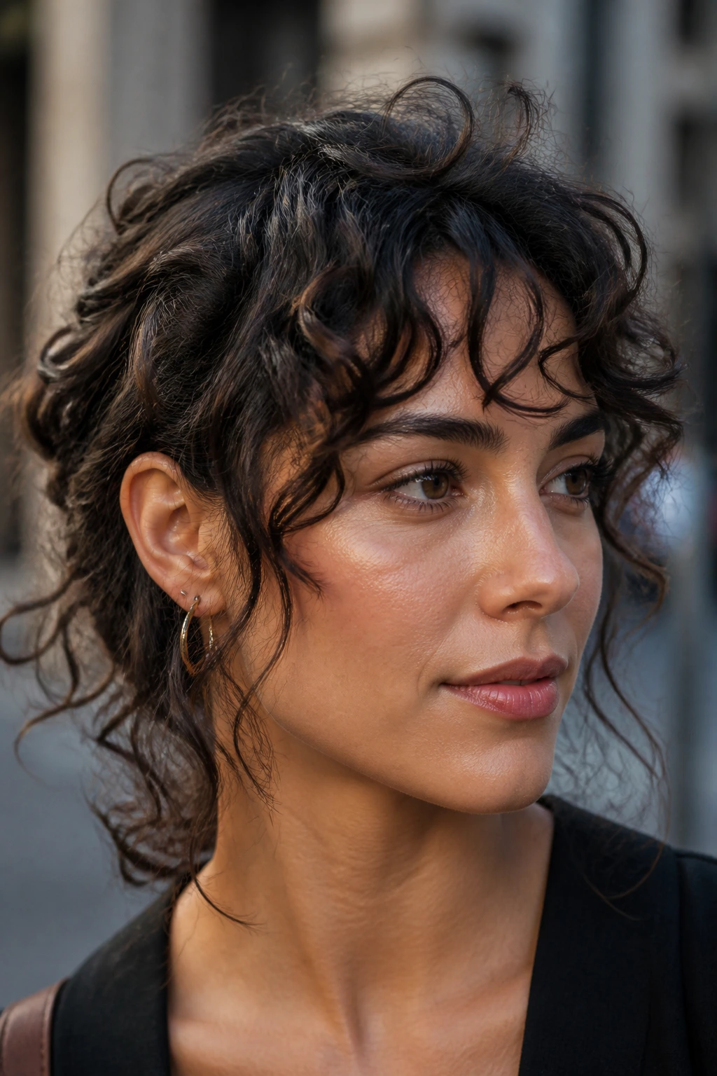 Close-up portrait of a real person with temple-grazing bangs
