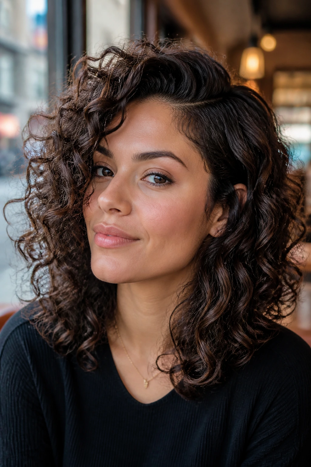 Close-up of a person with temple-layer side part hairstyle