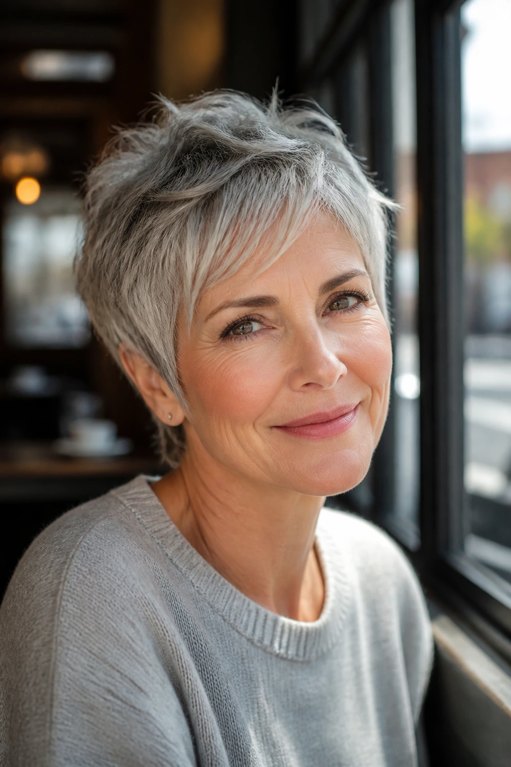 Close-up portrait of a real woman with choppy piecey pixie at temple length