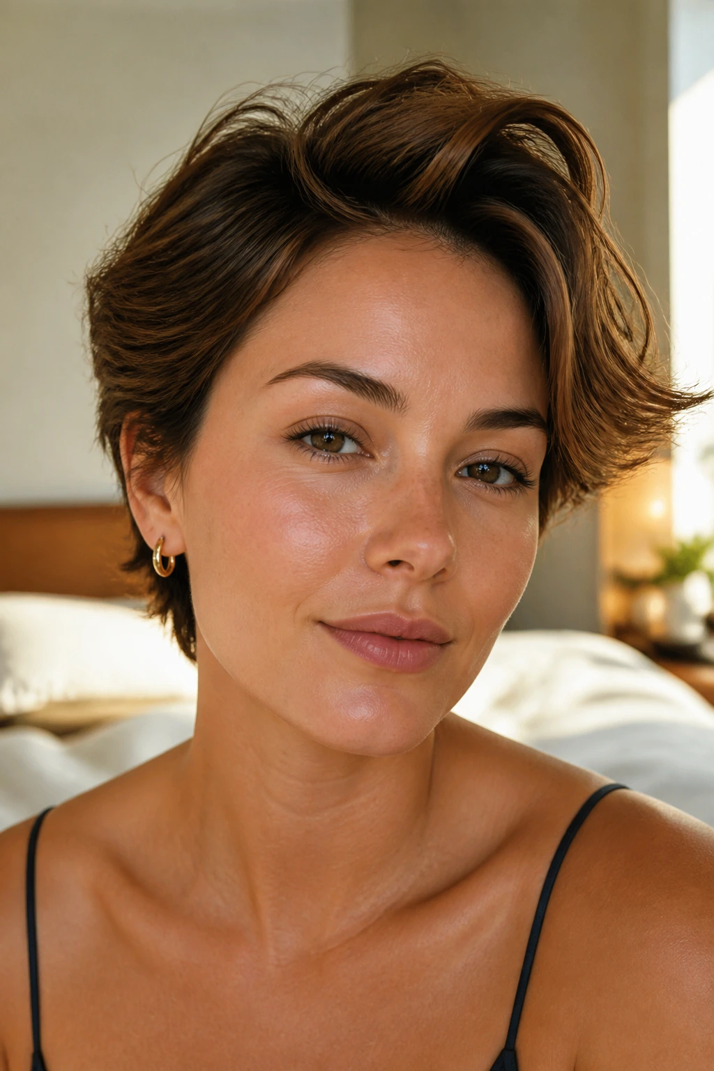 Portrait of a woman with temple-volume hairstyle softening the jawline