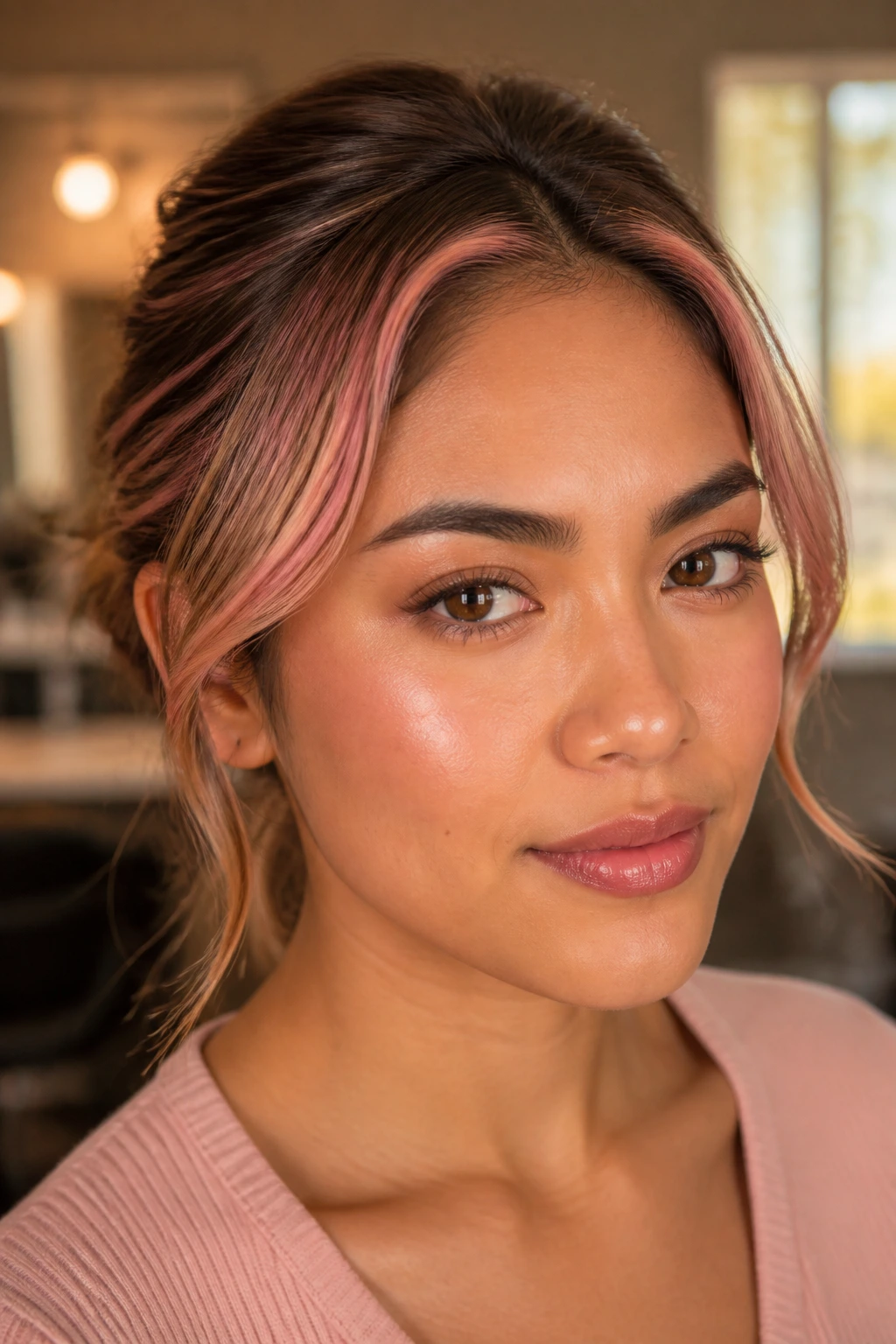 Close-up of a real woman with peachy pink temple lights near the temples on medium skin tone