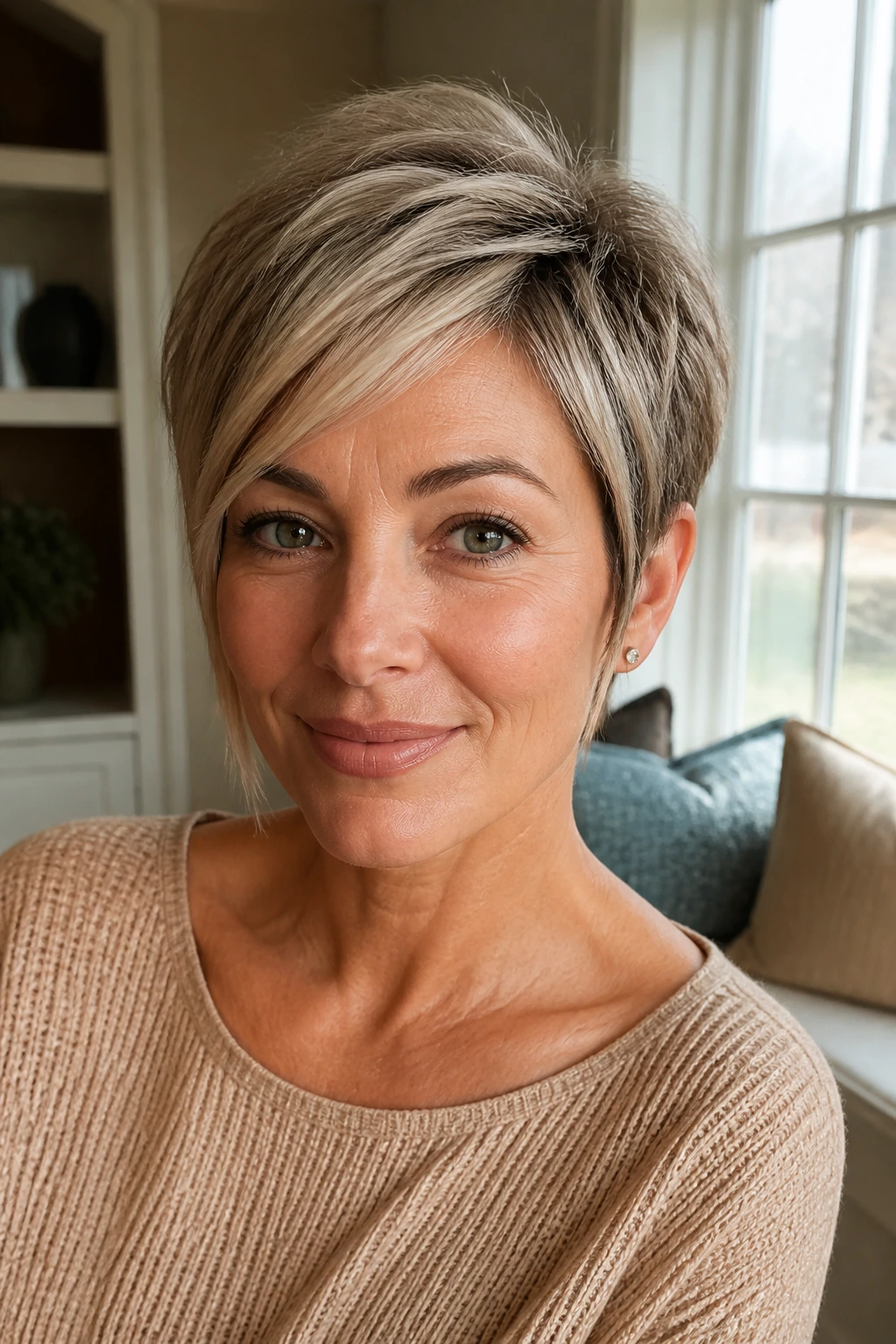Close-up of real woman with temple-long pixie