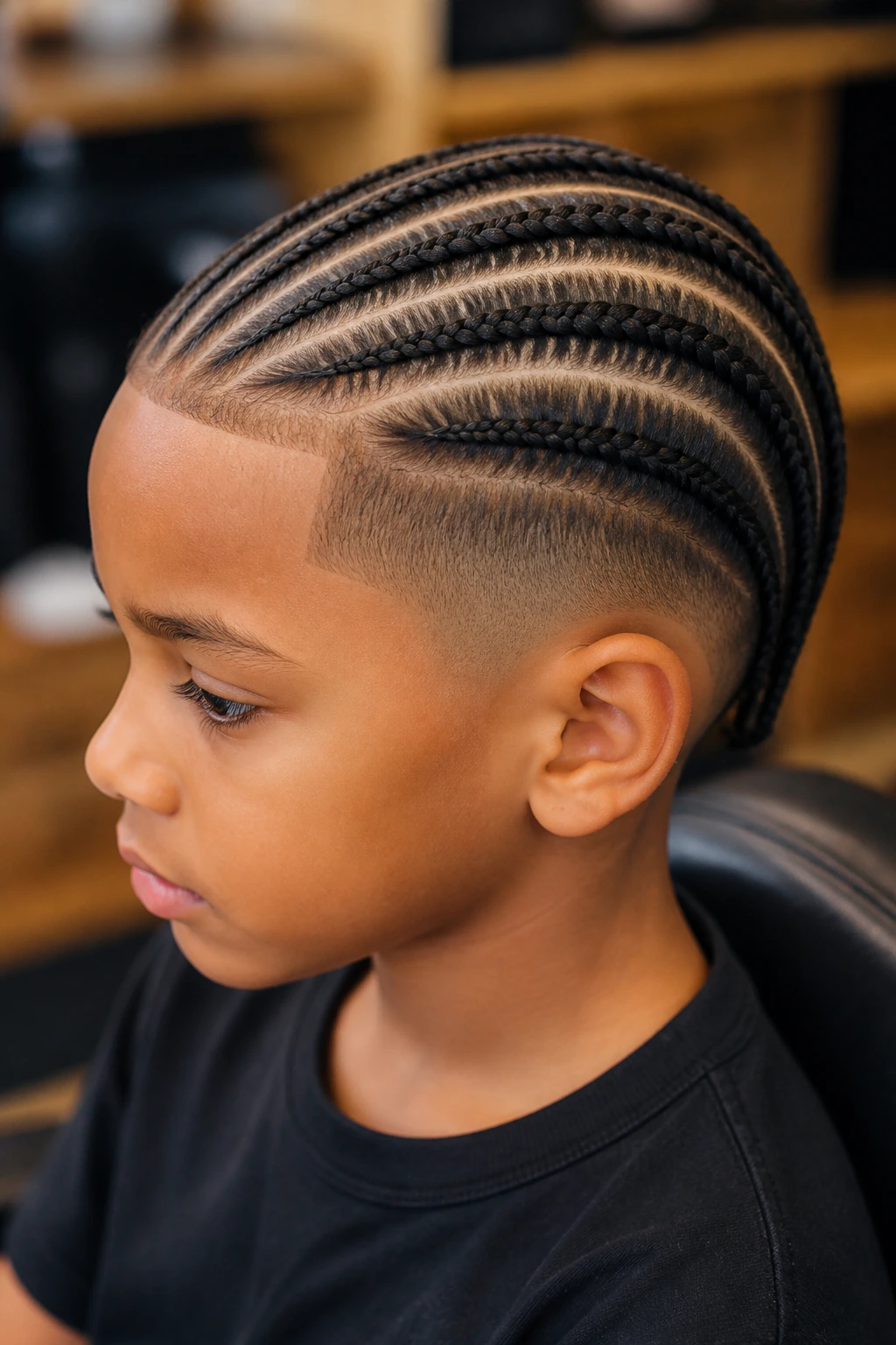 Close-up of temple-to-nape cornrows with a fade on a real boy