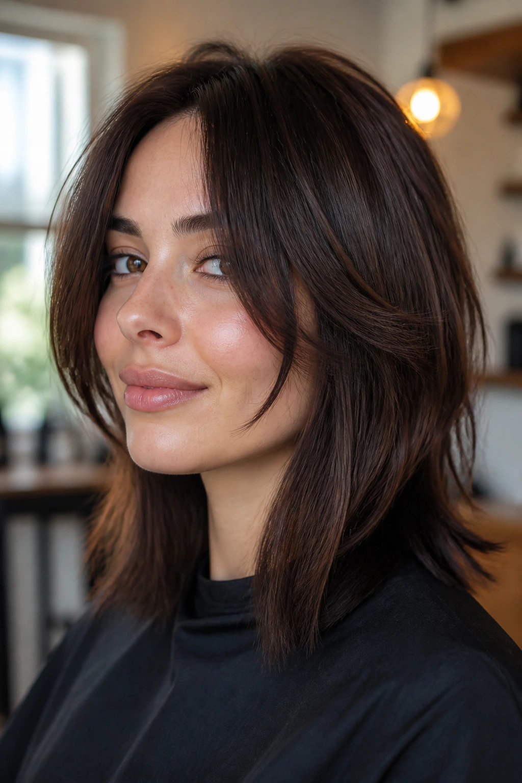 Close-up portrait of a real woman with temple-piece layers framing the face