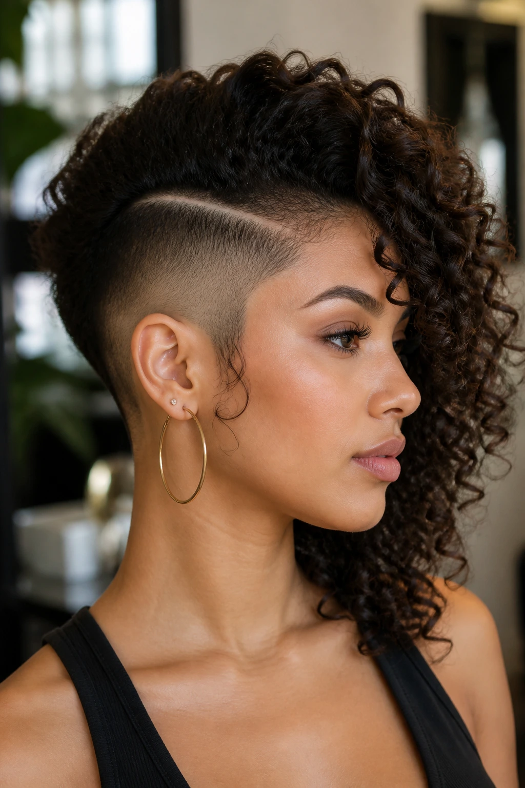 Profile view of a person with temple shaved side and curly volume