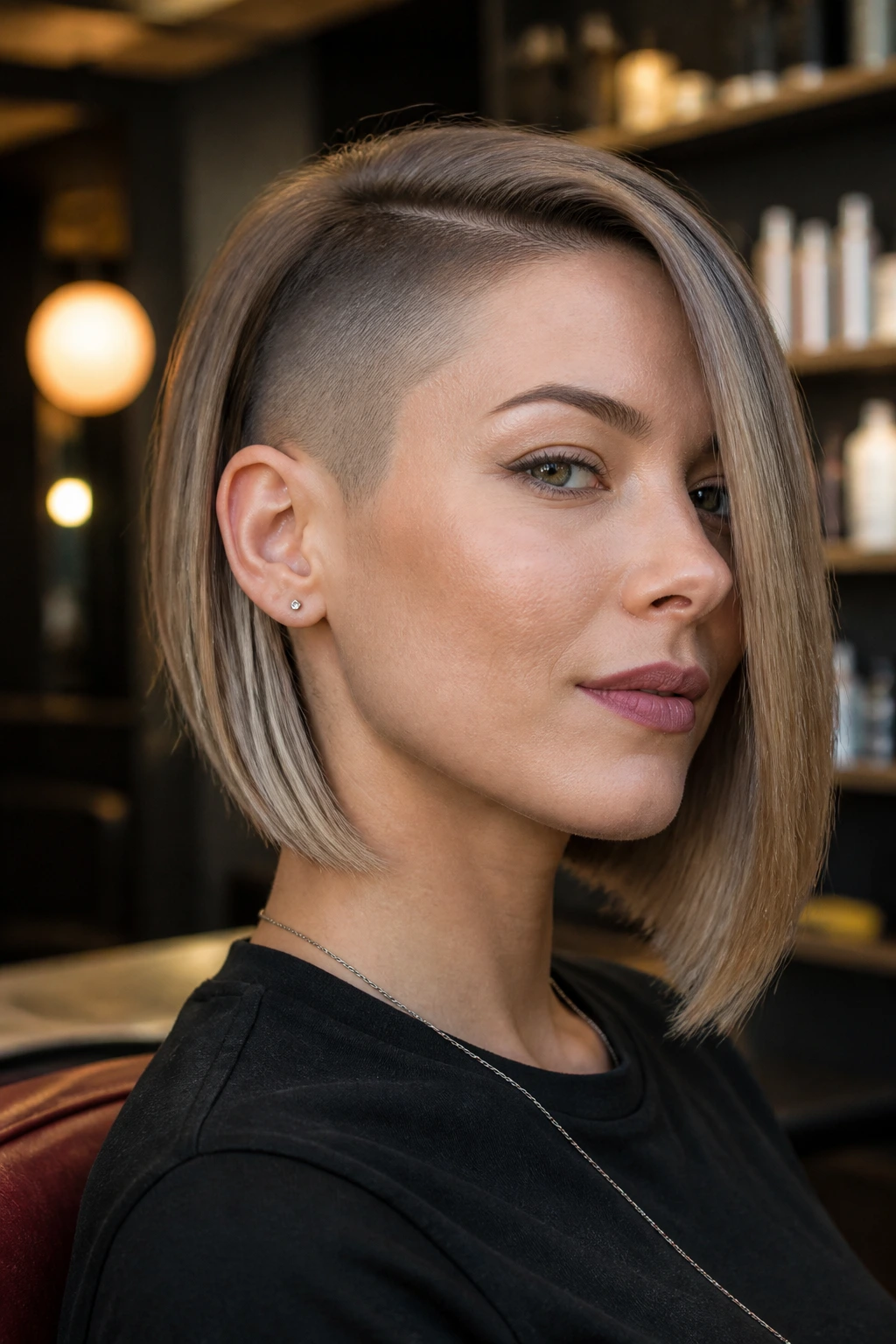 Close-up of a real woman with a temple shave in a stylish salon interior.