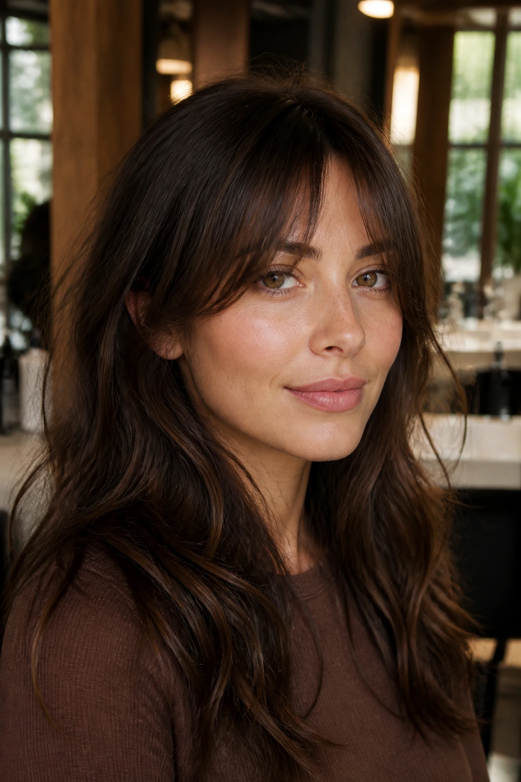 Close-up of brunette with temple-skimming fringe in warm salon lighting