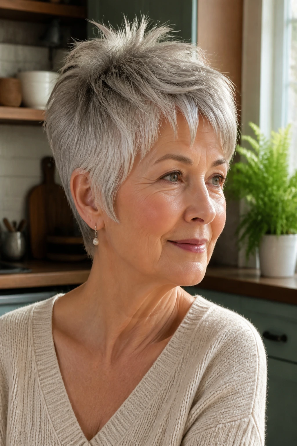 Older woman with temple-soft pixie hairstyle in a sunlit cozy room.