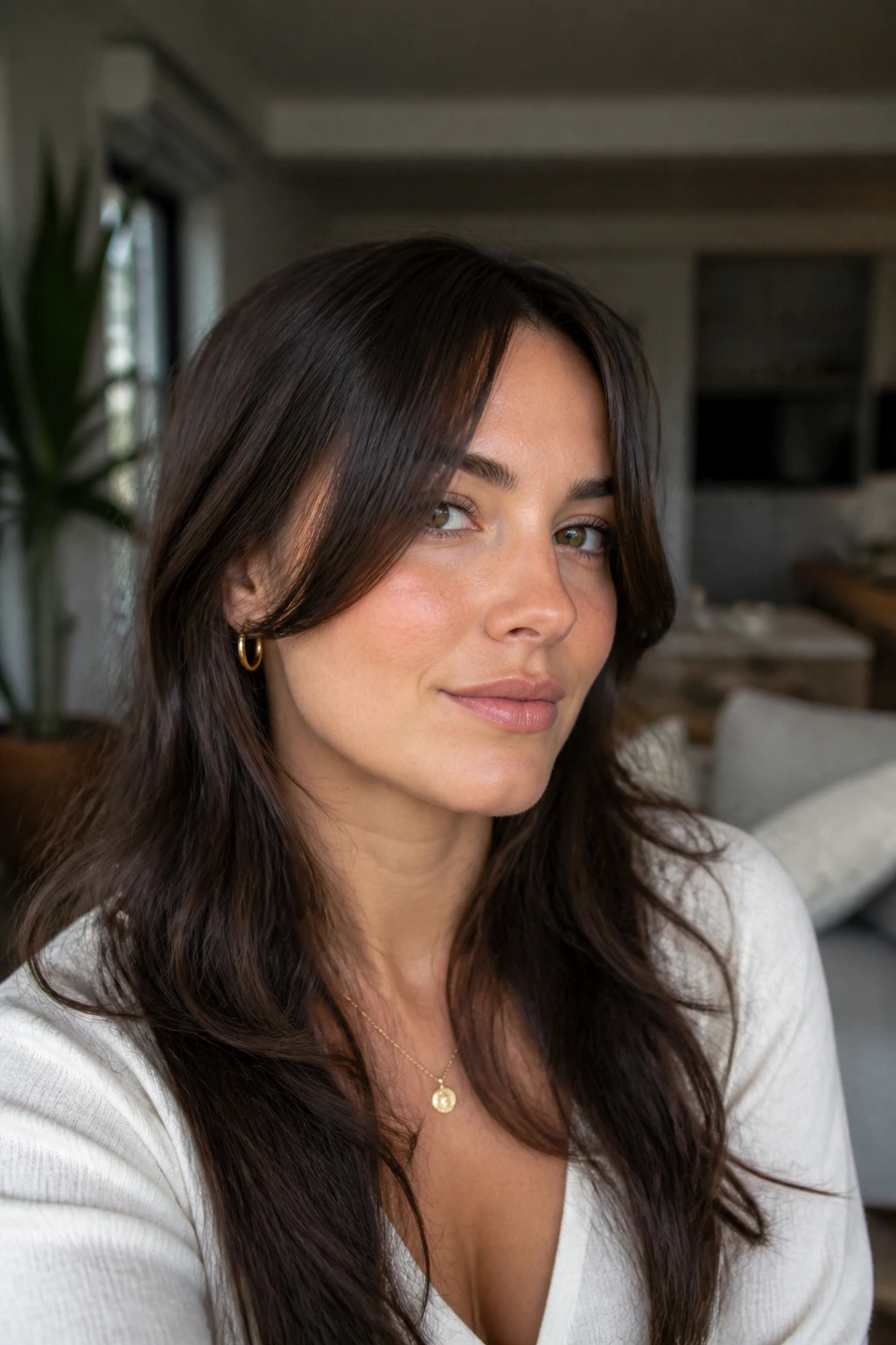 Close-up portrait of a real woman wearing temple-start fringe framing the jaw