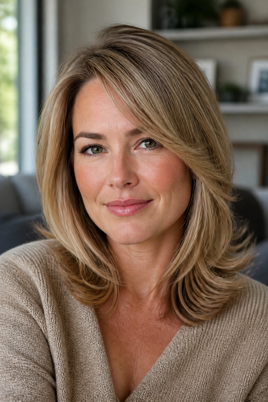 Real woman with temple-swept fronts softening a square forehead