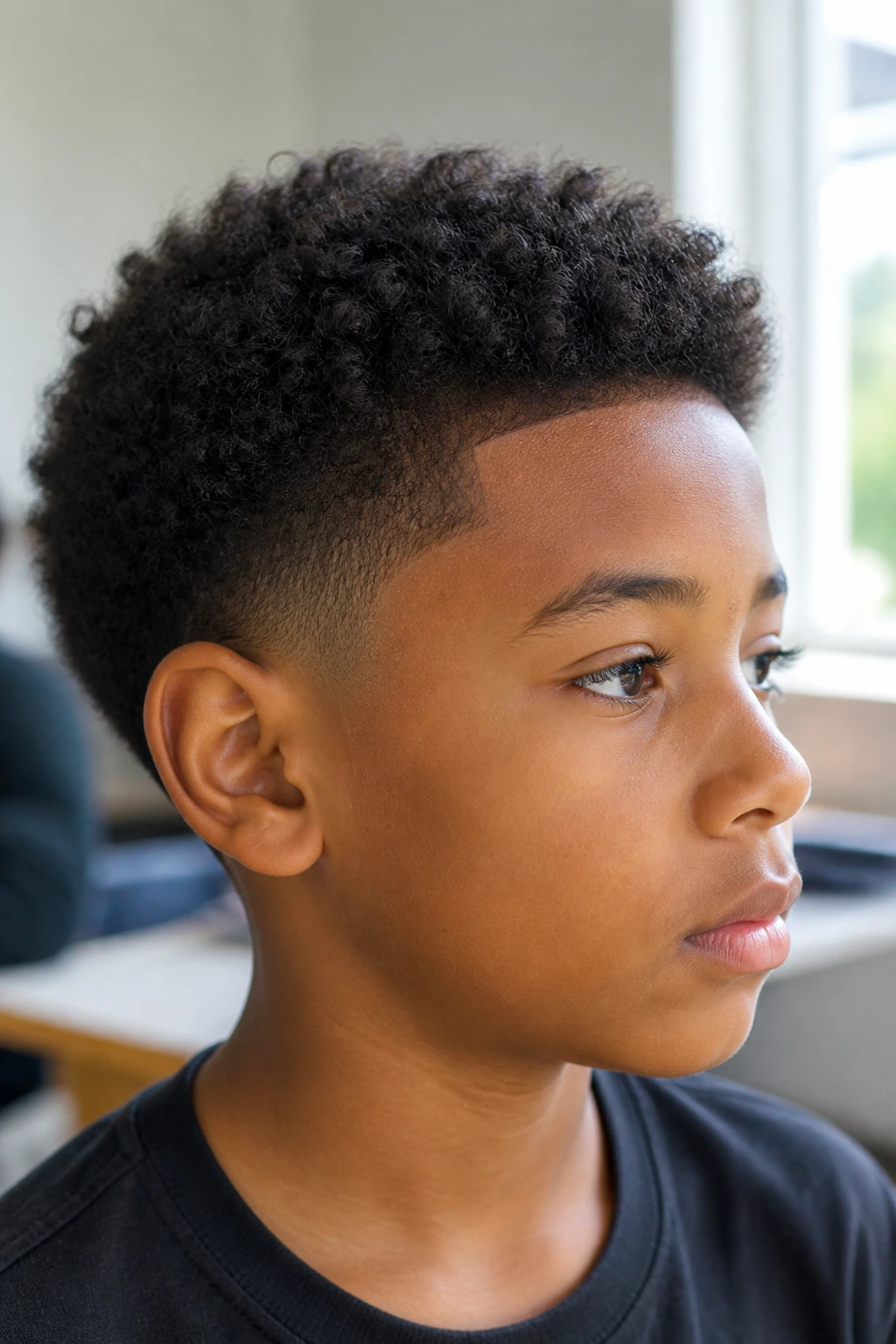 Boy with temple taper and short Afro curls, close-up portrait.