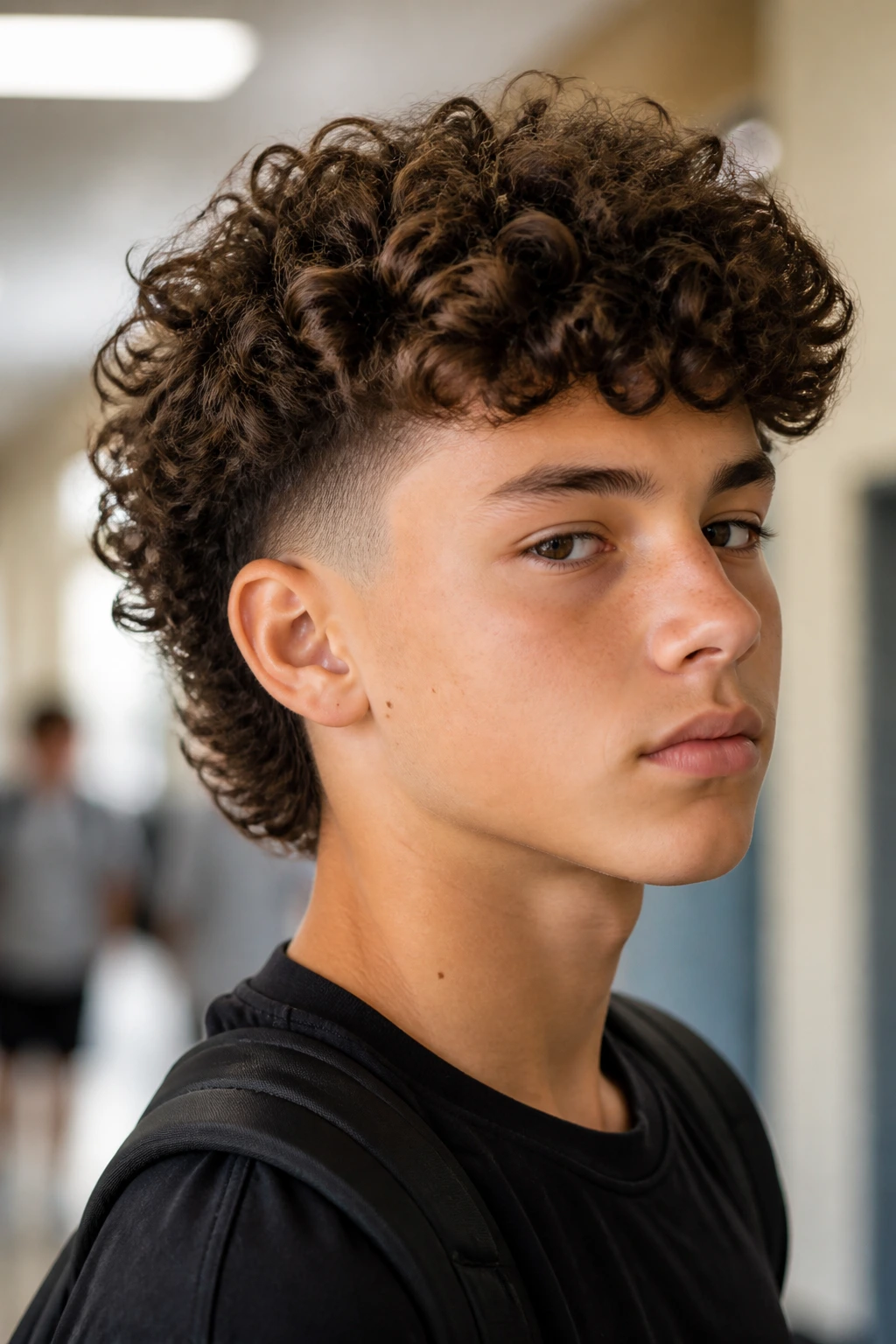 Portrait of a real boy with temple taper and longer curls in a school hallway.