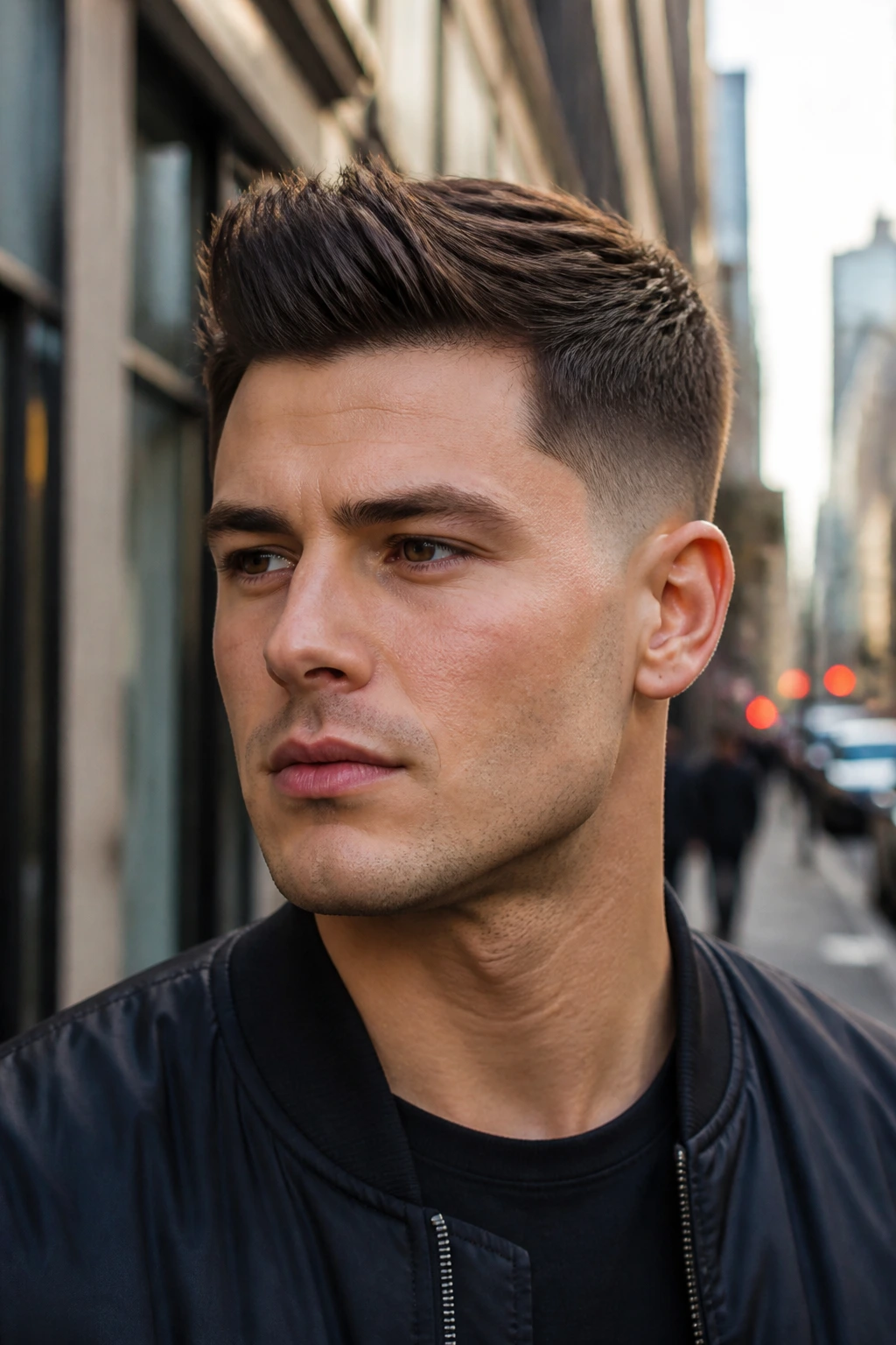 Man with temple taper fade and short quiff.