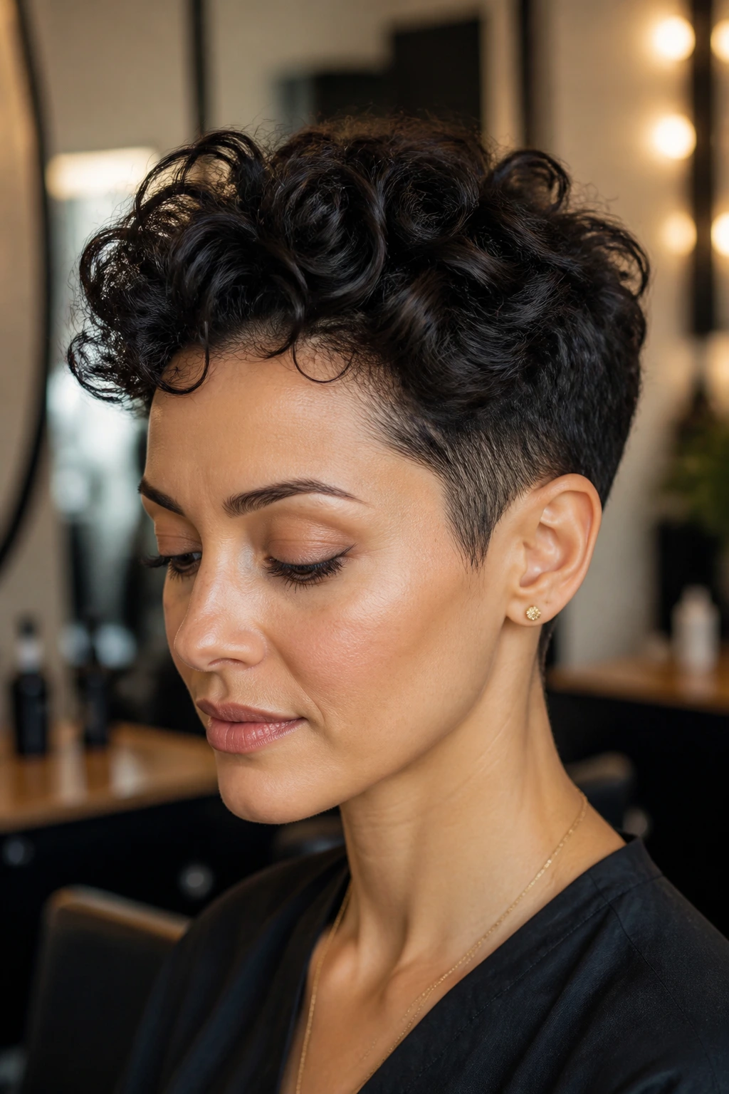 Close-up of a real woman with temple-taper sculpted pixie showing tapered temples and textured top.