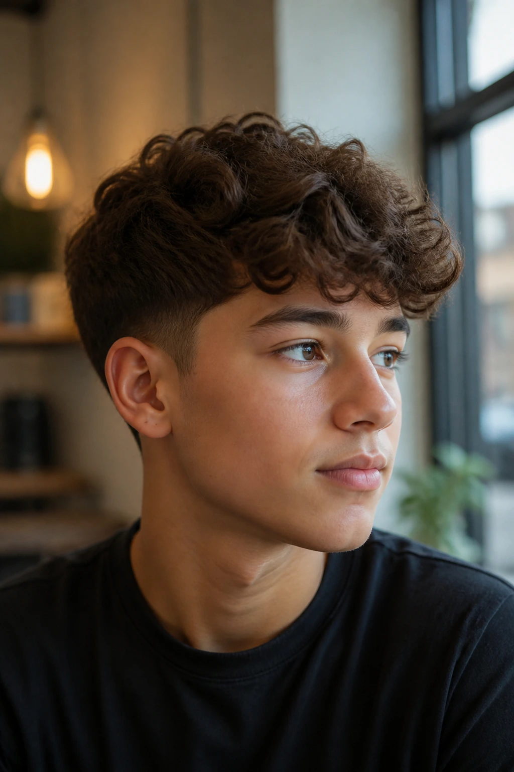 Boy with temple taper and side sweep hairstyle in warm indoor light