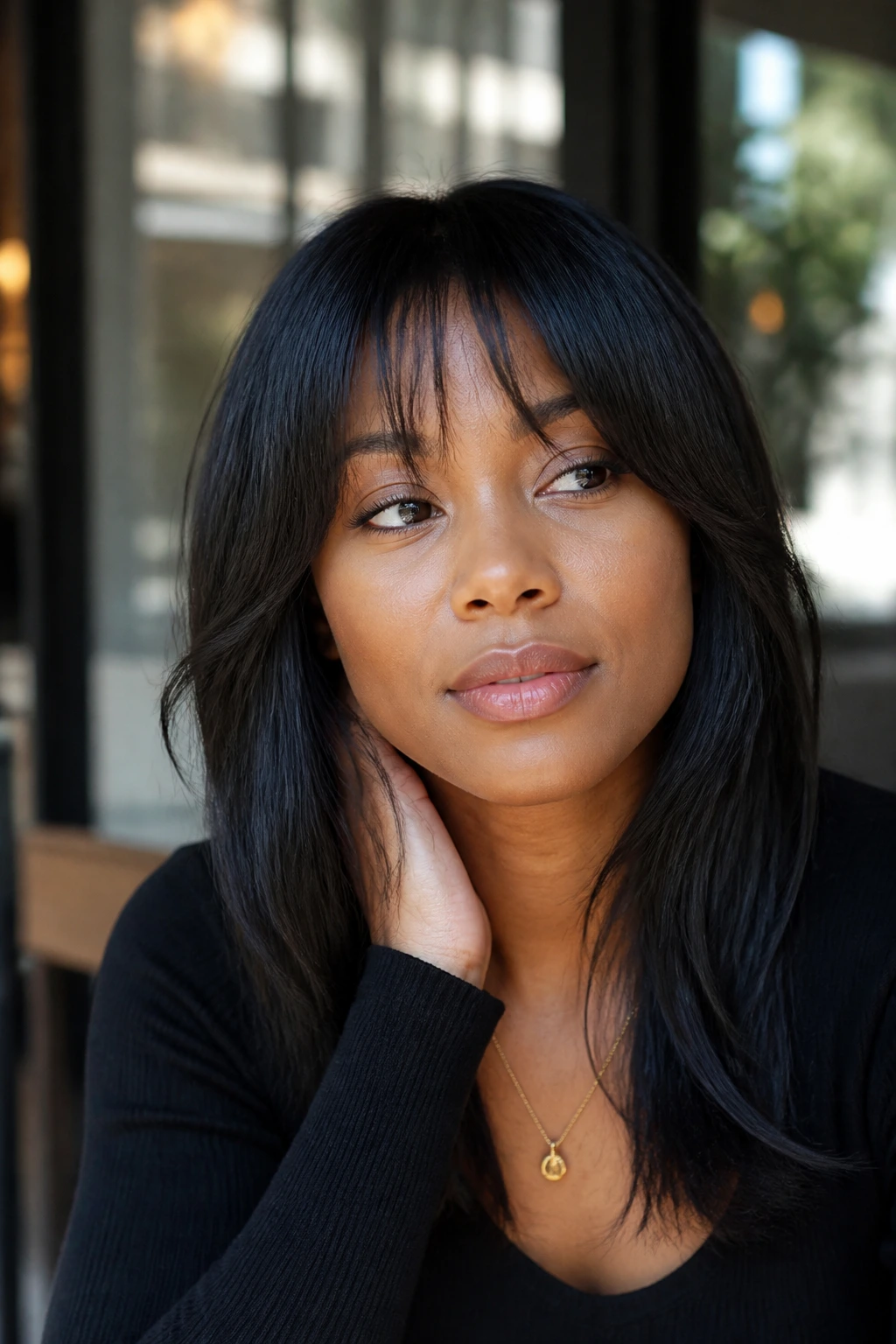 Real woman with temple-tapered bangs that soften the face.