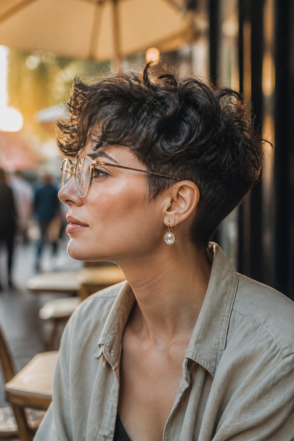 Side-profile portrait of a real woman with temple-tapered crop and glasses.