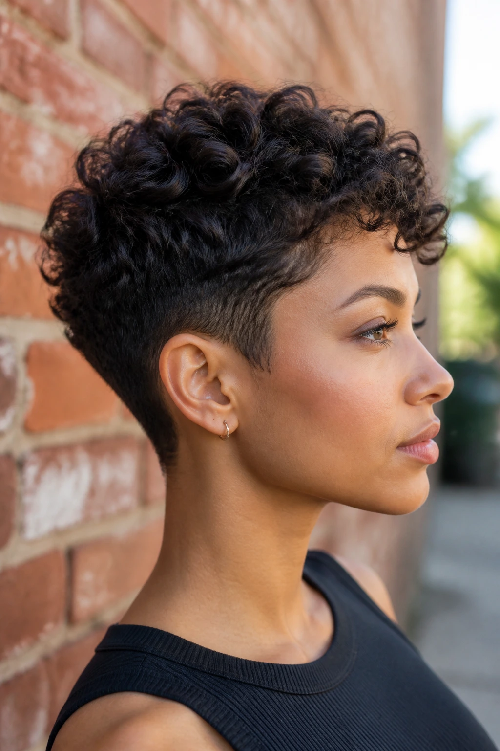 Profile portrait of a real woman with temple-tapered cut hairstyle.