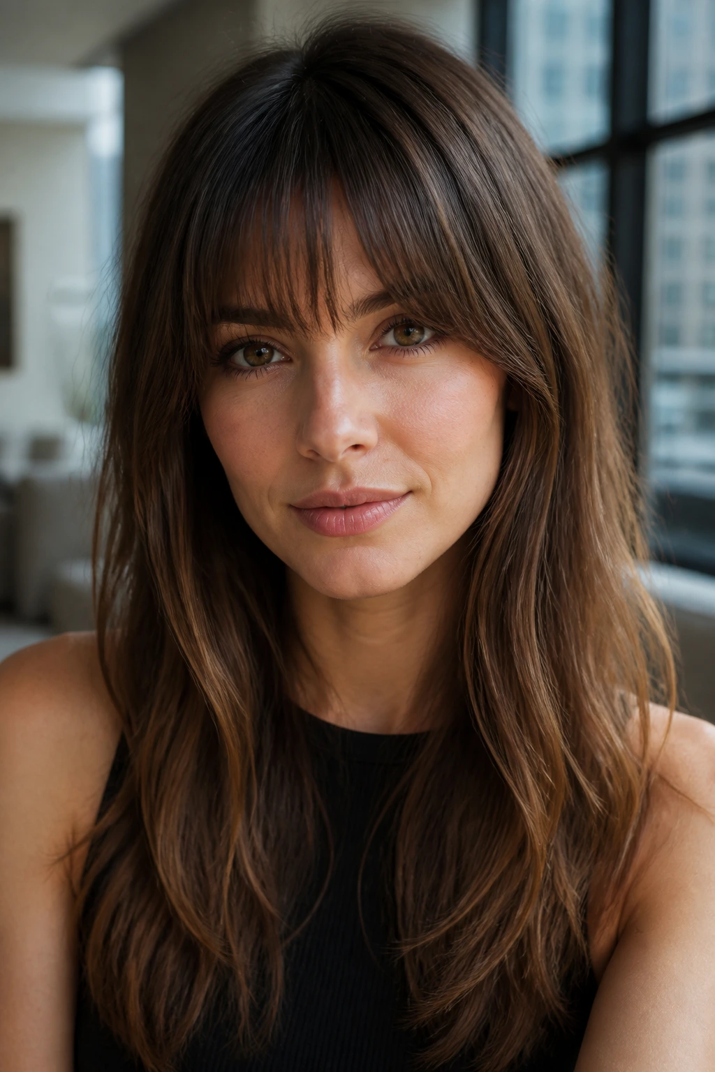 Shoulder-up portrait of a real woman with temple-tapered fringe in a modern room