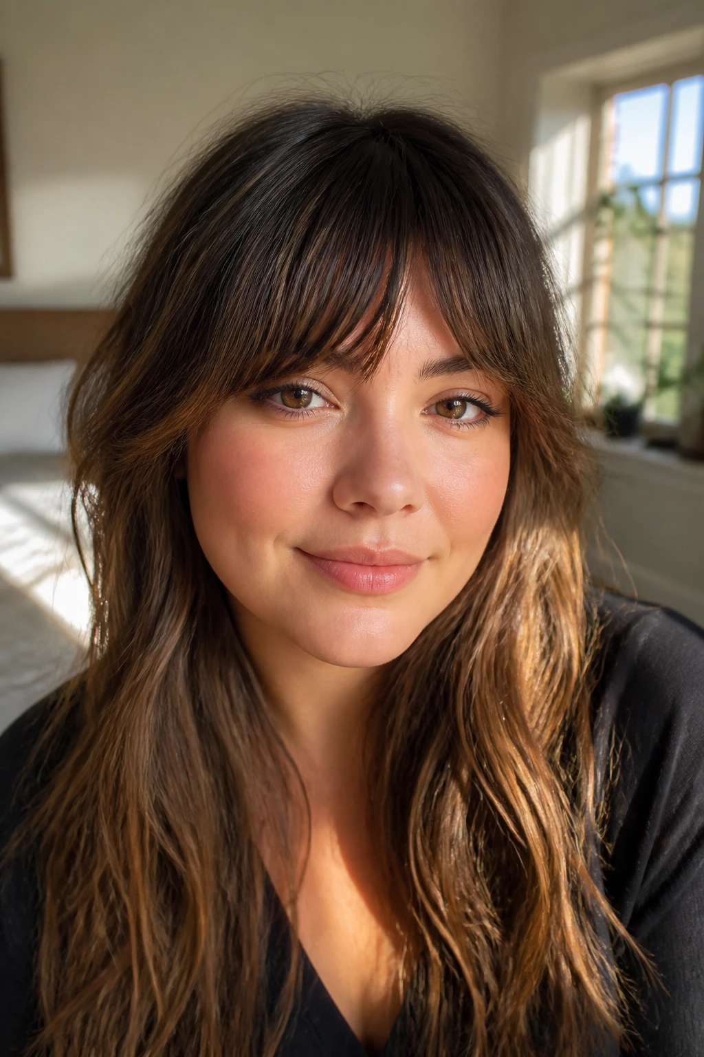 Close-up of a real woman with temple-tapered fringe.