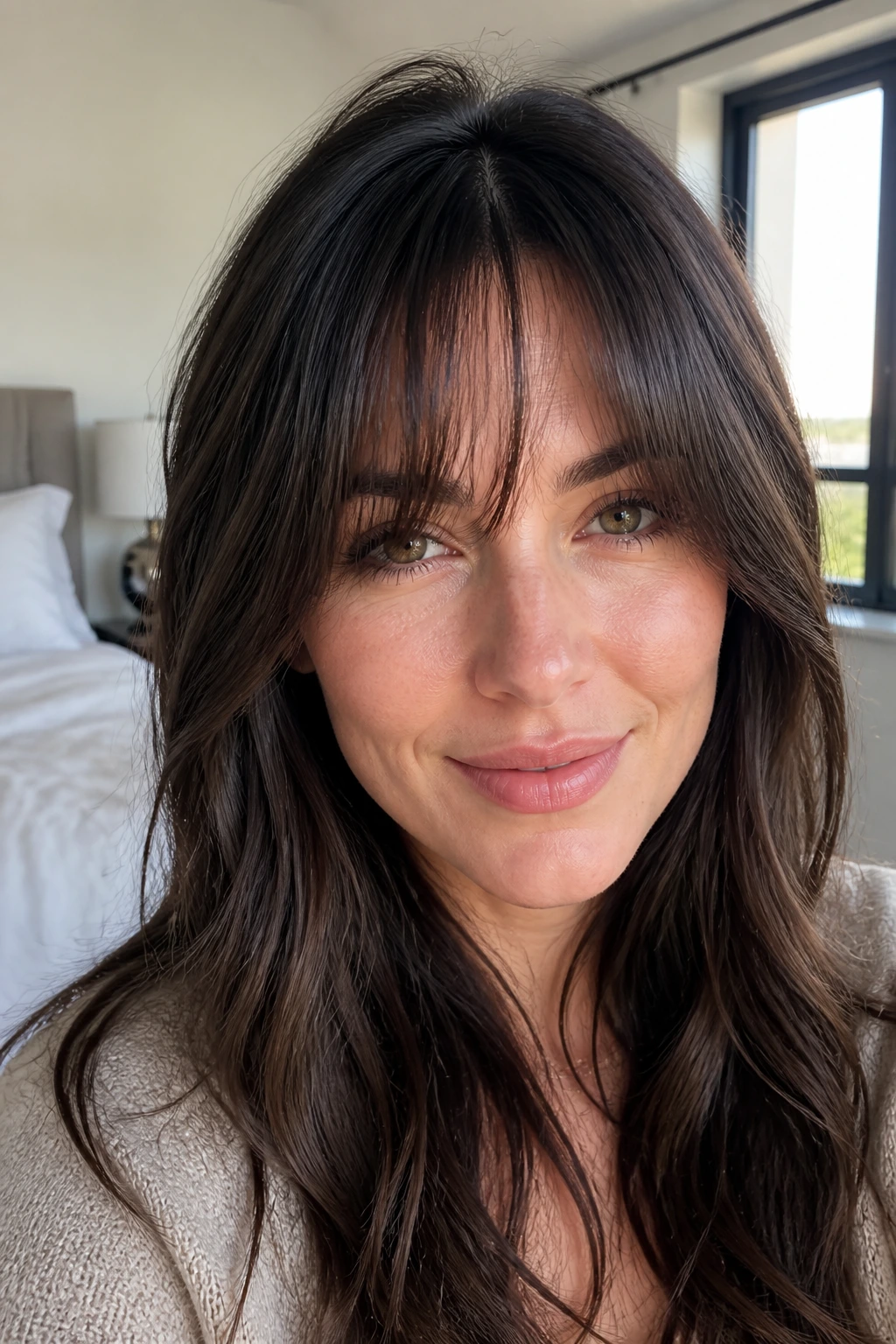 Real person with temple-tapered fringe in soft bedroom light
