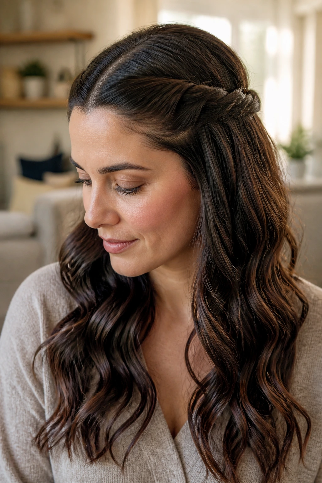 Close-up of a real woman with sleek temple twists and soft ends, waves visible behind the twists.