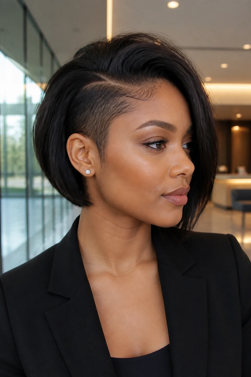 Close-up portrait of a real Black woman with a temple undercut bob