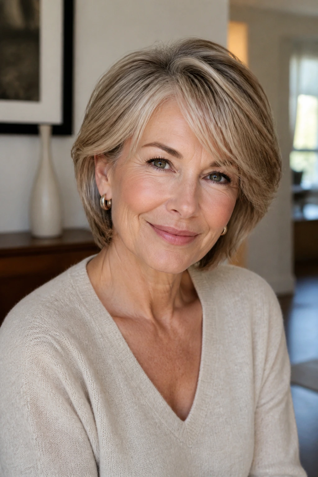 Portrait of a real woman with a fast, ten-minute hairstyle in a bright home setting