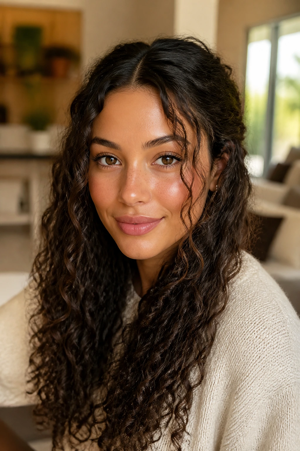 Close-up of a real woman with center-parted hair and face-framing tendrils