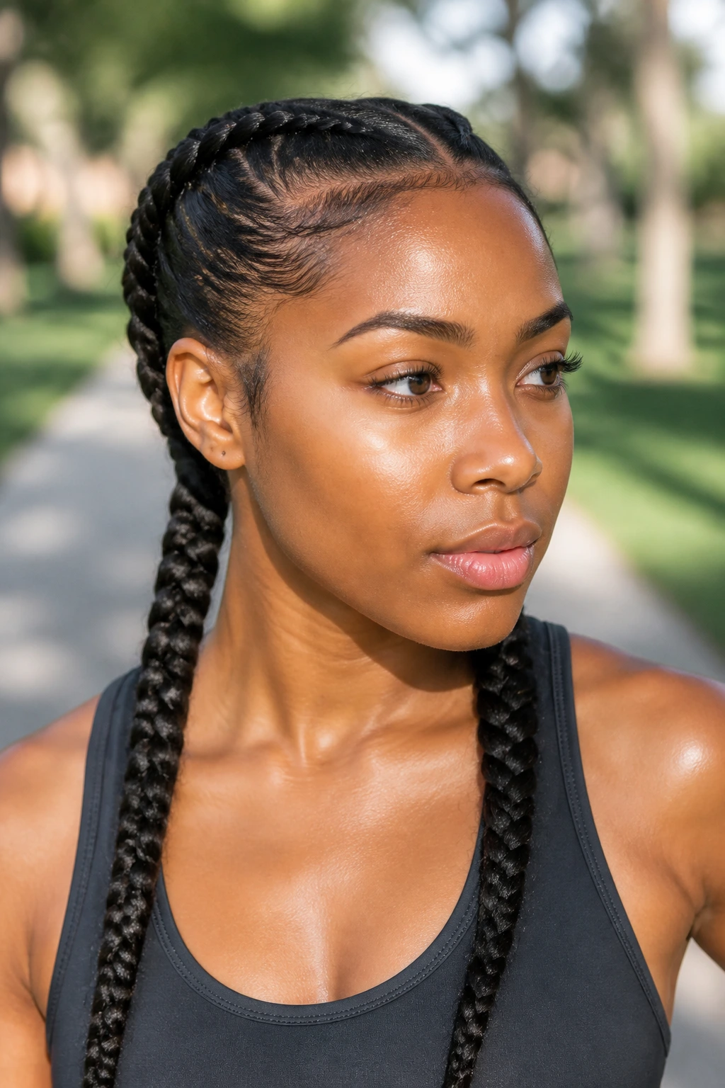 Close-up of a real woman with tension-lite double Dutch braids for workouts