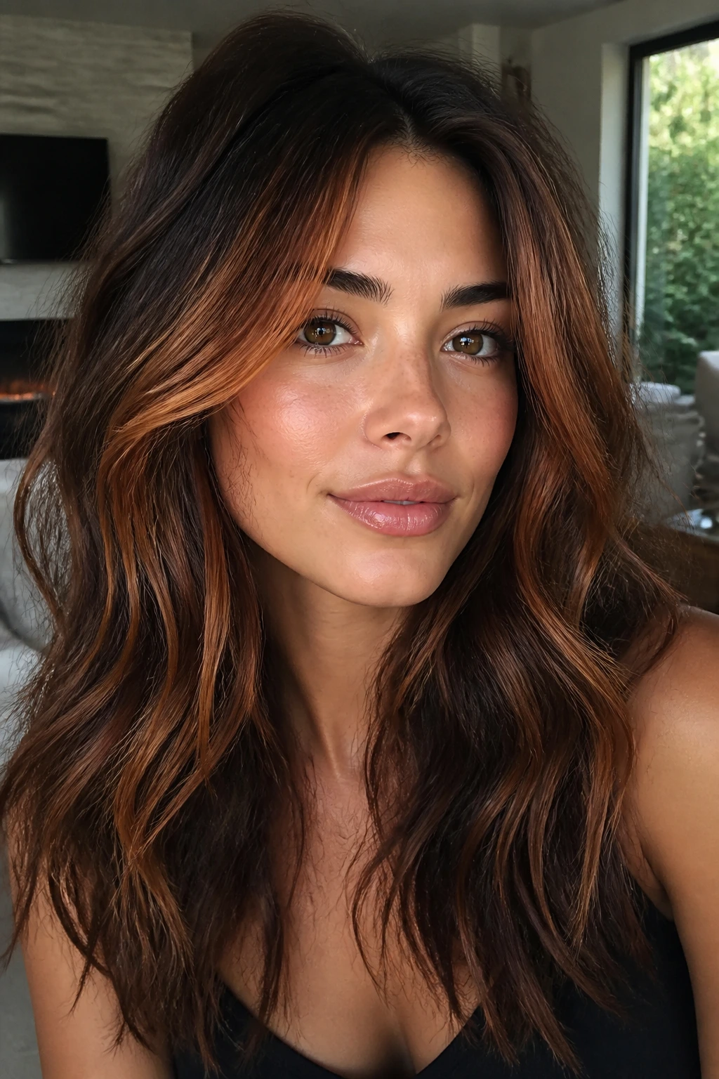 Close-up of brunette with terra cotta face lights