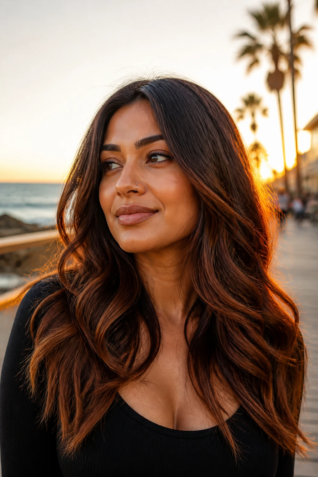 Close-up portrait with Terracotta Brown Balayage on tan olive skin.