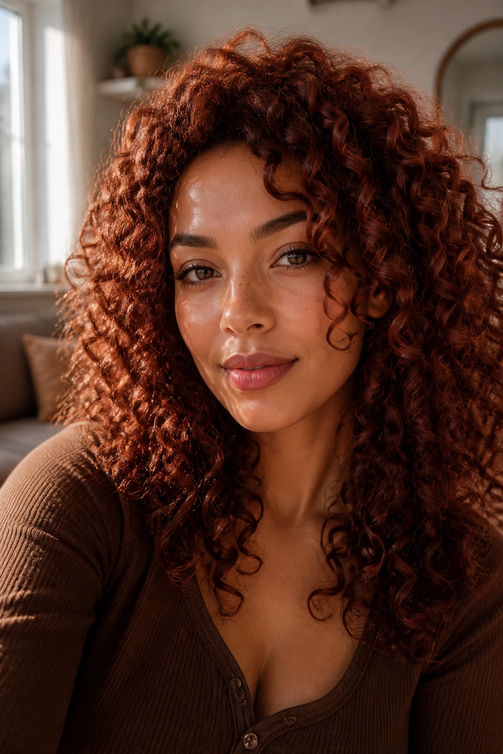 Close-up portrait of a real woman with terracotta brown curls in warm window light